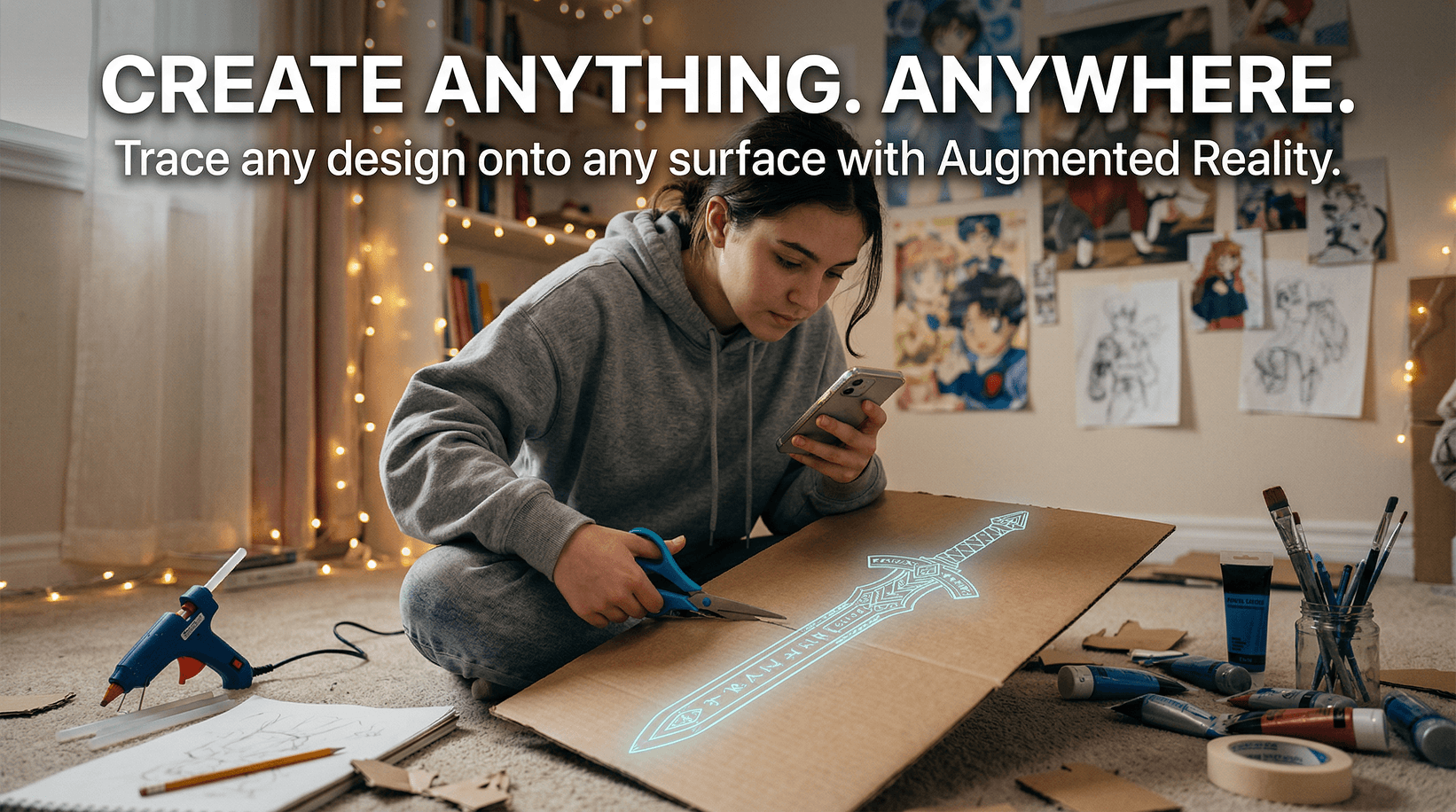 Tracing a cosplay prop design onto cardboard using AR